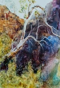 Joy Brentwood--A Glimpse of Kings Canyon. Watercolour on Yupo 25 x 31.5cm. $600