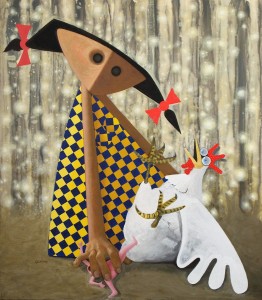 Ken Griffiths--Naughty Claire with Cock. Oil on acrylic on board. Private collection